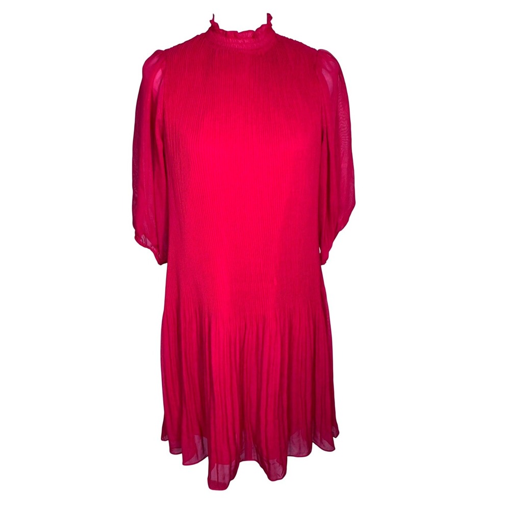 NANETTE LEPORE NWT Womens 4 Red Pleated Mock Neck Chiffon Lined Shift Mini Dress - Picture 3 of 10